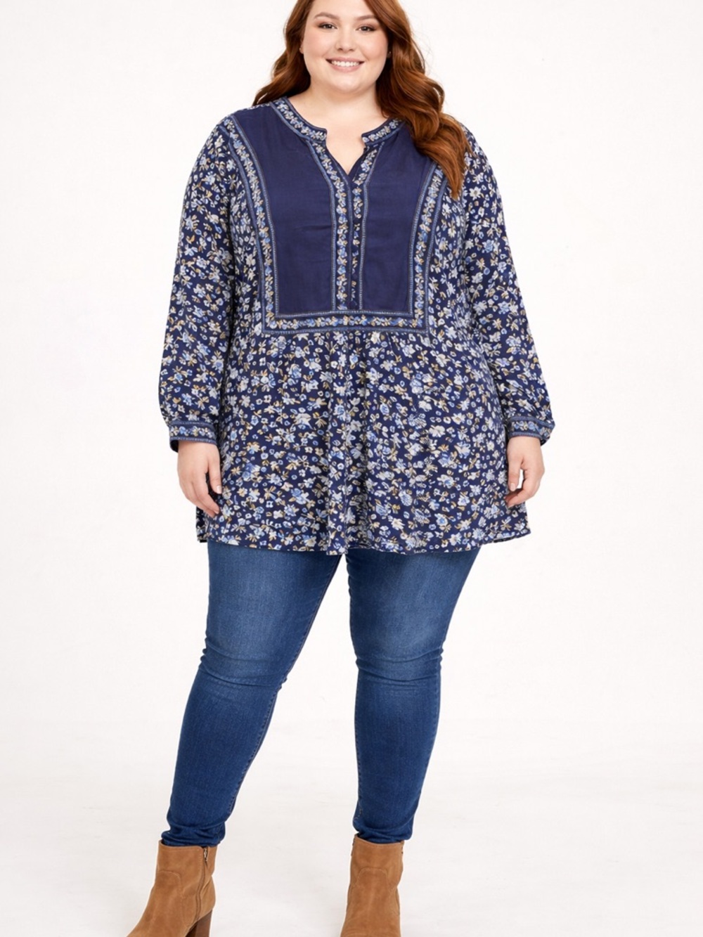 Boho Floral Navy Blue Tunic Top | Long Sleeve Button Front | Women’s Size 4X